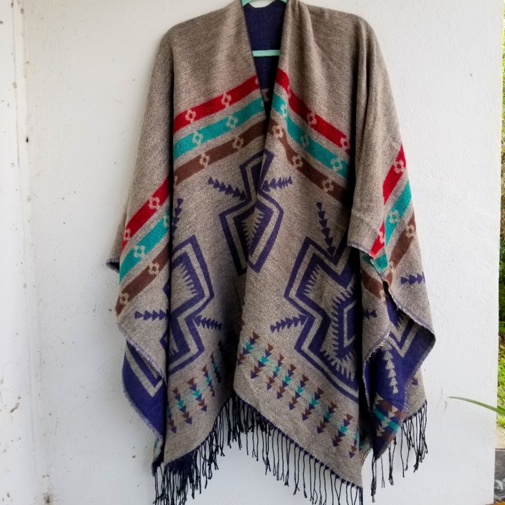 Reversible acrylic faux cashmere Aztec print bohemian shawl